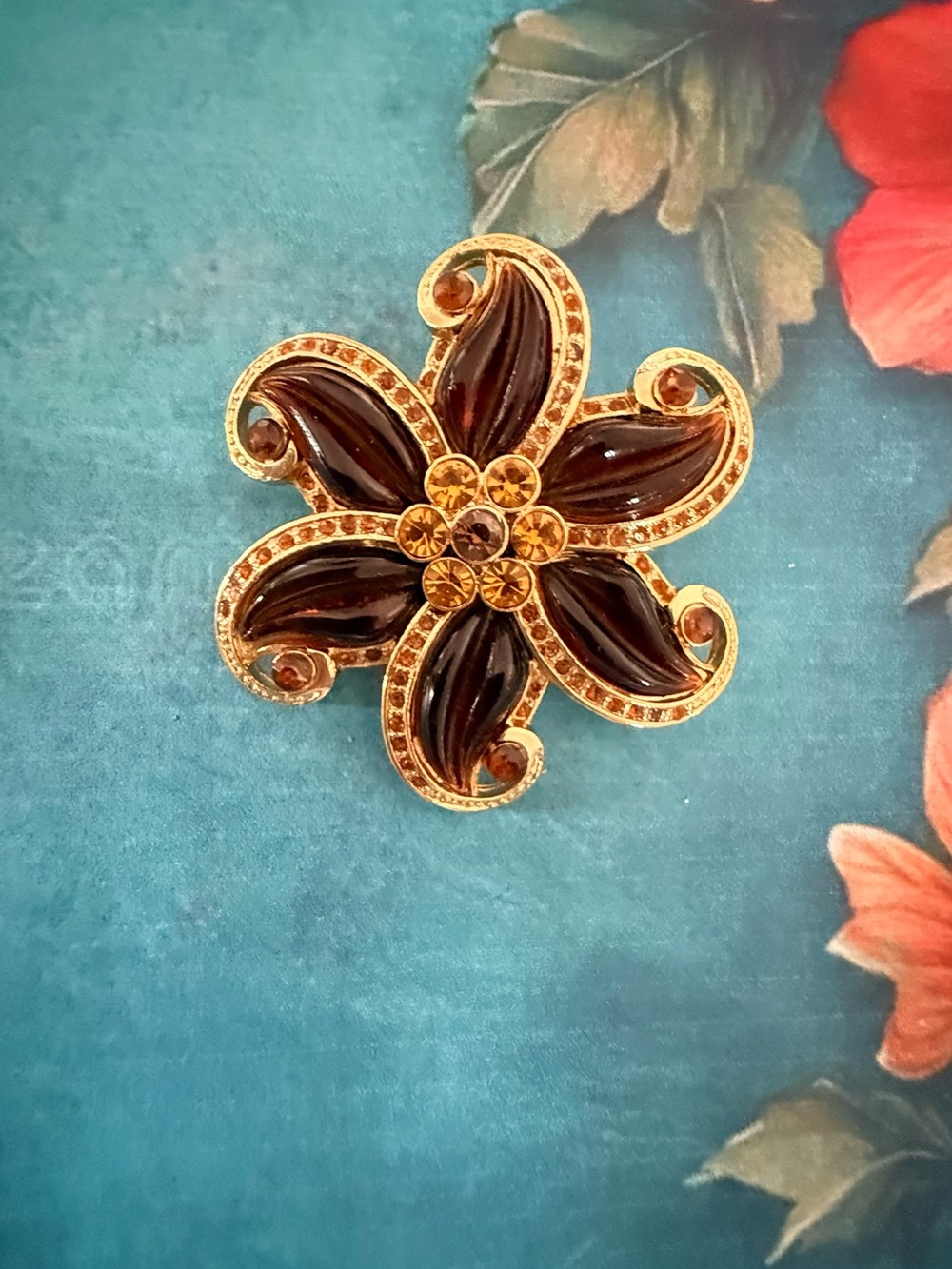 Gold and Brown Floral Crystal Brooch - Women Jewelry
